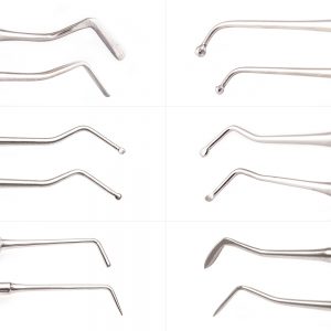 single use Flat Plastic, Ball Burnisher, Small Spoon Excavator (1.2mm), Medium Spoon Excavator (1.8mm), PFI49 Burnisher, ½ Hollenback six piece dental restorative instrument kit