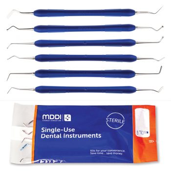 single use Flat Plastic, Ball Burnisher, Small Spoon Excavator (1.2mm), Medium Spoon Excavator (1.8mm), PFI49 Burnisher, ½ Hollenback six piece dental restorative instrument kit